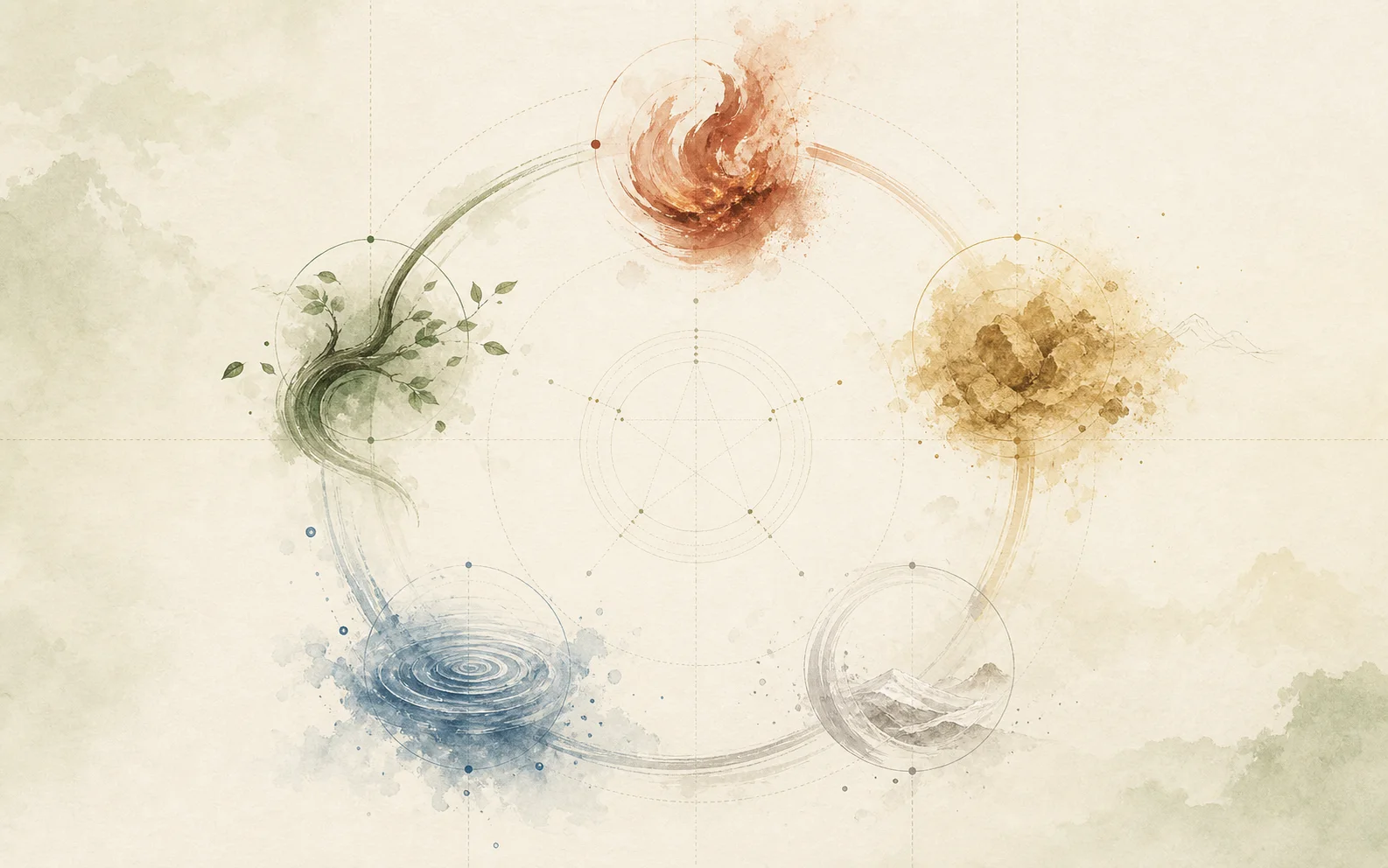 Cover image showing five element energy as water, fire, earth, wood, and metal ink flows