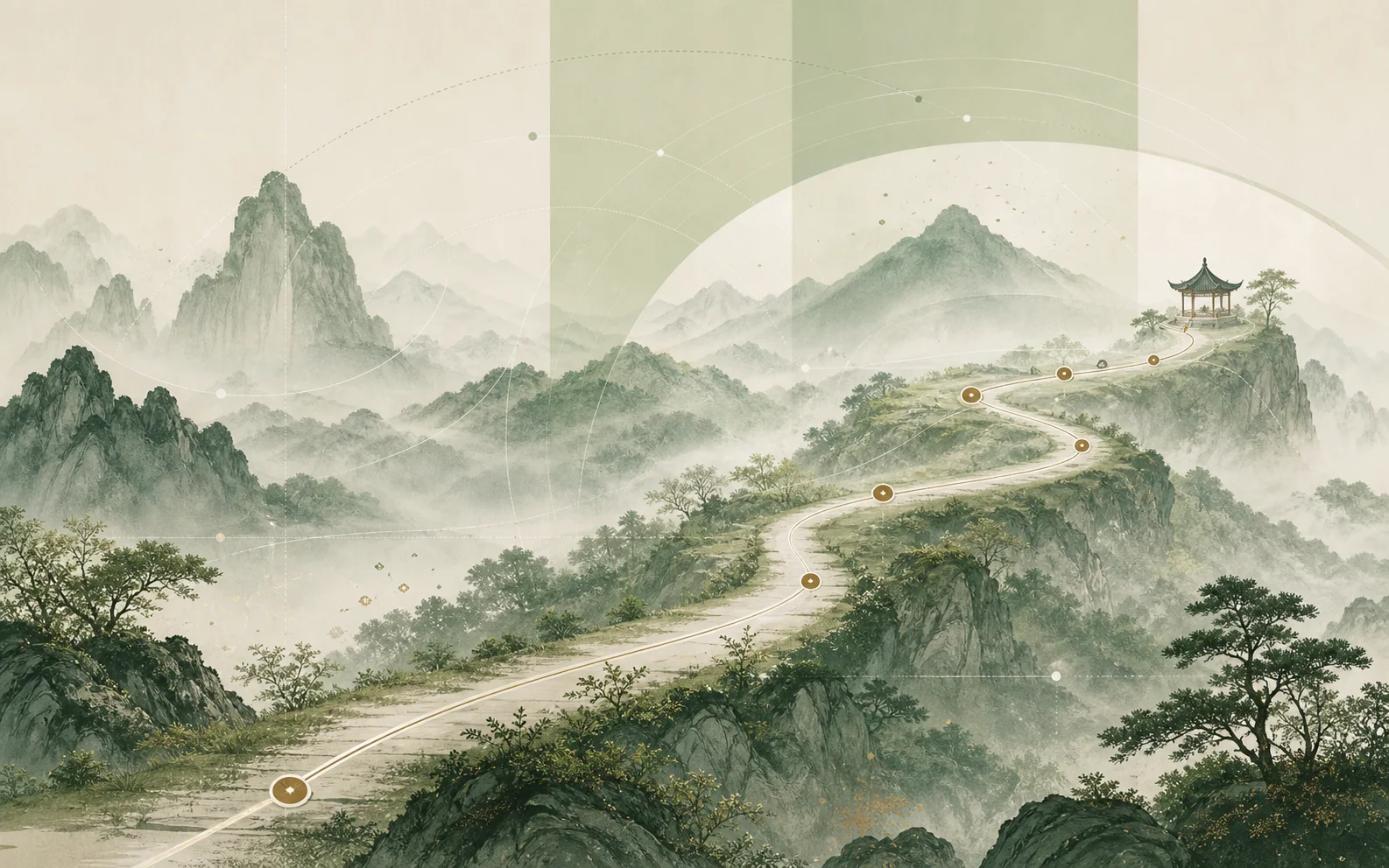 Pale green ink landscape with a mountain path, pavilion, and luck-cycle markers